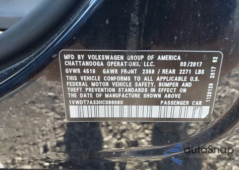 2017 Volkswagen Passat 1.8T R-Line z USA, uszkodzony, nr VIN 1VWDT7A33HC066060